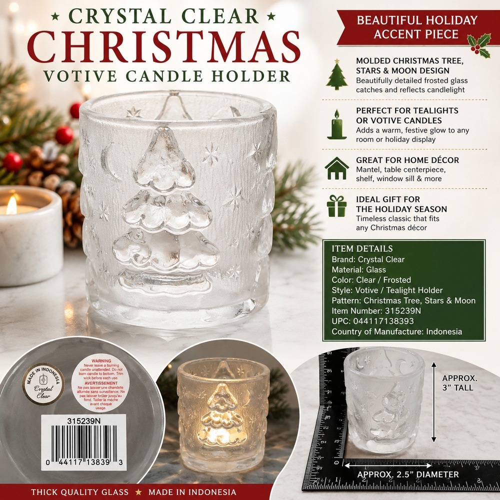 Crystal Clear Christmas Votive Candle Holder Frosted Glass Tree Star 315239N